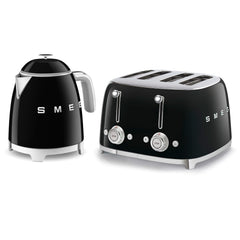 50'S Style Retro Range Breakfast Set 0.8L 1400W Mini Kettle And 4-Slice 2000W Toaster Black
