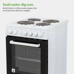 Freestanding Electric Cooker 62L 4 Solid Plate Hobs White