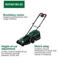 Cordless Lawn Mower 32cm 35L Grass Bag Mulch Plug Green
