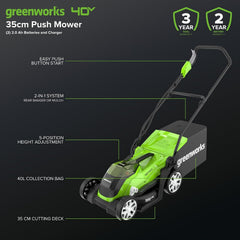 Cordless Lawn Mower 35cm 40L Bag 2x40V 2Ah Batteries Green