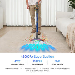 Stick Vacuum Cleaner 45Kpa 450W 60Min Runtime Anti-Tangle Silver