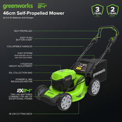 Cordless Lawn Mower 46cm 48V Self-Propelled 55L Bag 2x4Ah Batteries