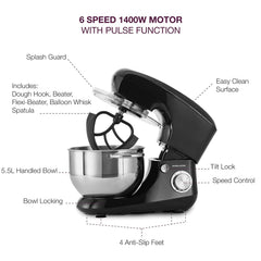 Stand Mixer 1300W 5.5L Stainless Steel Bowl 6 Speeds Pulse Black