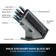 Knife Block Set With Integrated Sharpener 6-Piece Stainless Steel Black