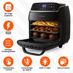 Digital Air Fryer Oven 12L 1800W 8 Presets Rotisserie Black