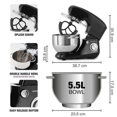 Stand Mixer 1300W 5.5L Stainless Steel Bowl 6 Speeds Pulse Black