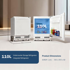Integrated Under Counter Fridge 110L LED Light Reversible Door White