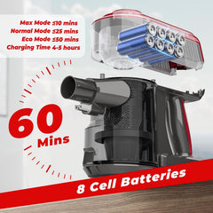 Cordless Stick Vacuum Cleaner 450W 45kPa Suction 60min Runtime Red