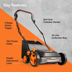 Corded Electric Artificial Grass Sweeper 1800W 45L Bag 370mm 5 Heights Grey Black Orange