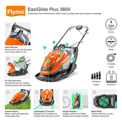 Corded Electric Hover Lawn Mower 1800W 36cm 26L 4 Heights Orange Grey