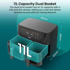 Air Fryer 11L Dual Zone 2700W Colour Touch Display 8 Functions Black